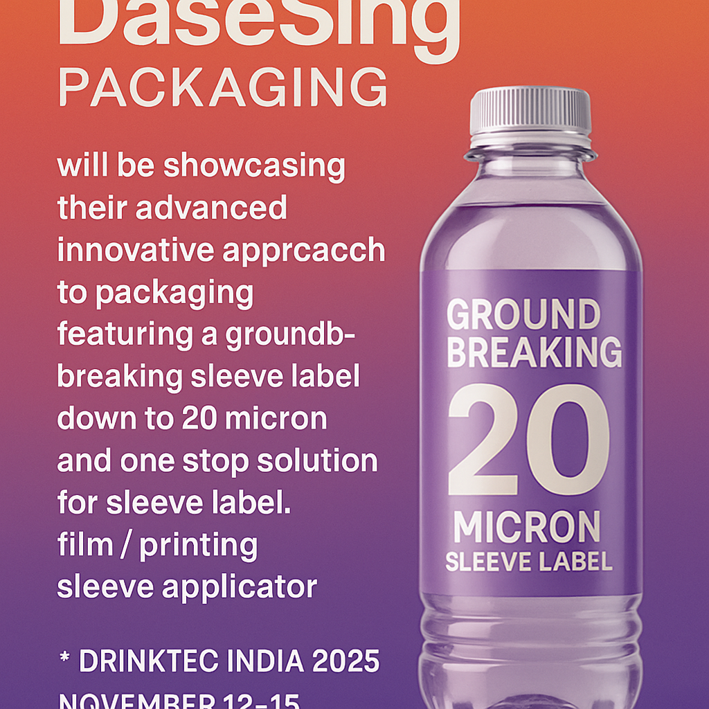 DaseSing Packaging will be showcasing their advanced innovative approach to packaging featuring a groundbreaking sleeve label down to 20micron and one stop solution for sleeve label film printing sleeve applicator at Drinktec India 2025 scheduled f-1